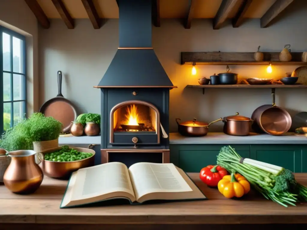 Escena misteriosa de cocina francesa rústica con ollas de cobre, verduras frescas y libro vintage