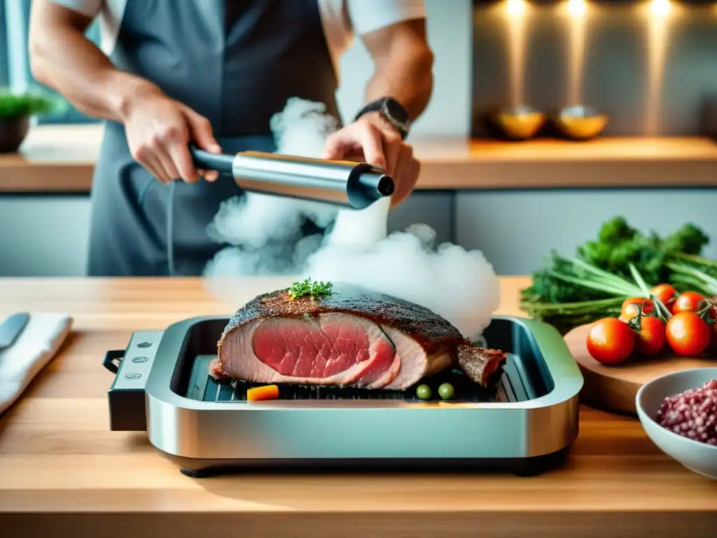 Una escena moderna de cocina francesa con máquina sous vide mostrando precisión y técnica de cocción baja temperatura