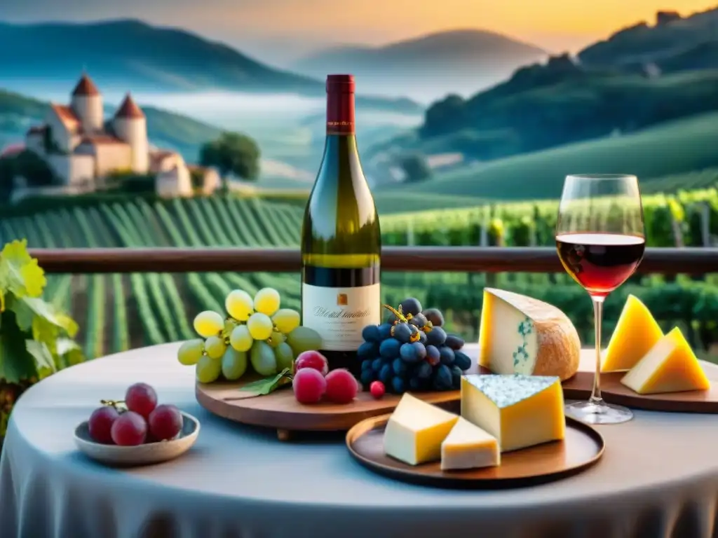 Exquisita velada en Francia: vinos y quesos bajo la luna Escena nocturna de gastronomía francesa en un elegante entorno al aire libre con vinos y quesos