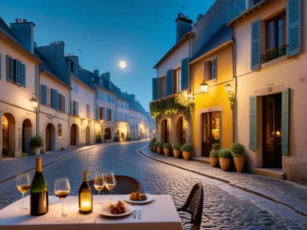 Bajo la luna francesa: cena romántica y gastronómica Escena nocturna romántica de gastronomía francesa bajo la luna llena en encantador ambiente callejero
