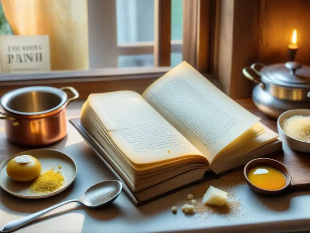 Una escena nostálgica de un antiguo libro de cocina francés rodeado de utensilios vintage