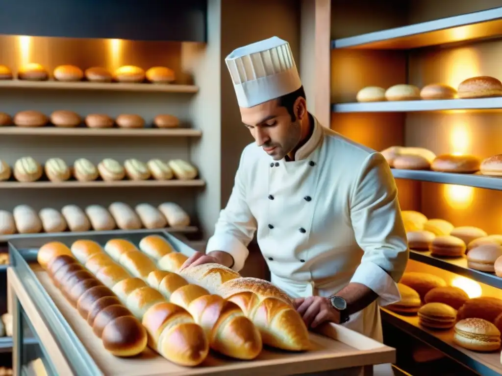 Escena nostálgica de una panadería francesa con un panadero experto moldeando una baguette dorada, rodeado de delicias