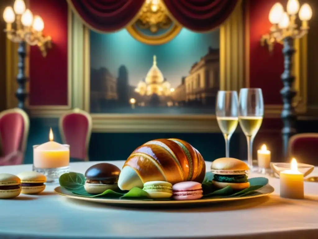 Una escena opulenta de banquete francés en un teatro, con comida exquisita y actores vestidos de época