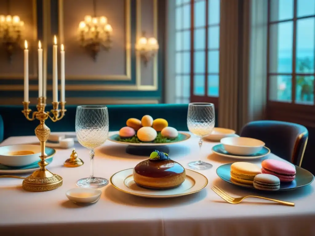 Una escena opulenta de gastronomía francesa en cine de época, con mesa lujosamente decorada y exquisitos platillos como foie gras y macarons