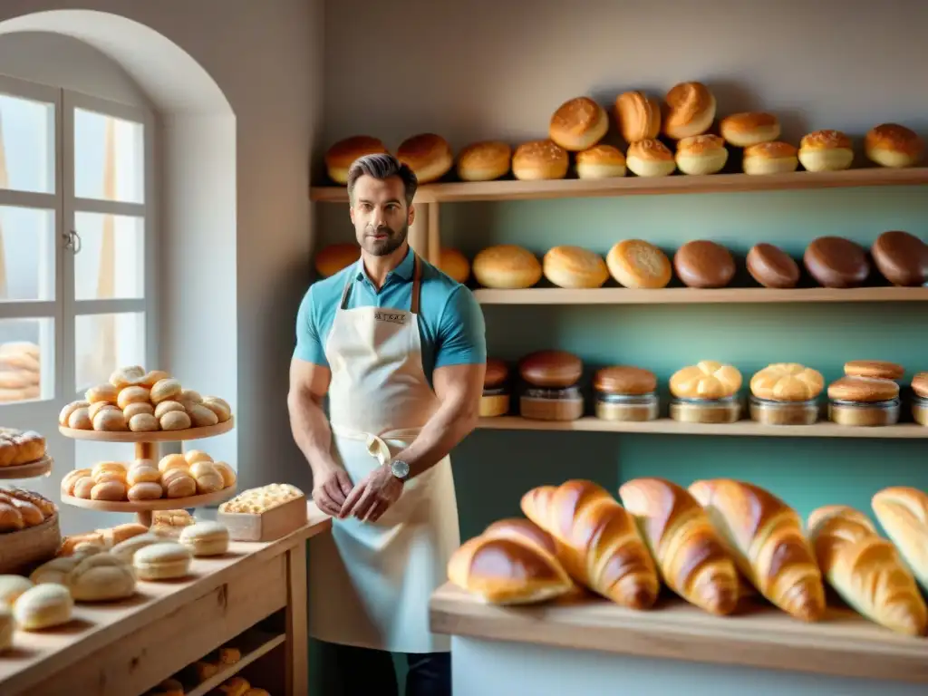 Escena de una panadería francesa tradicional con croissants, baguettes y macarons