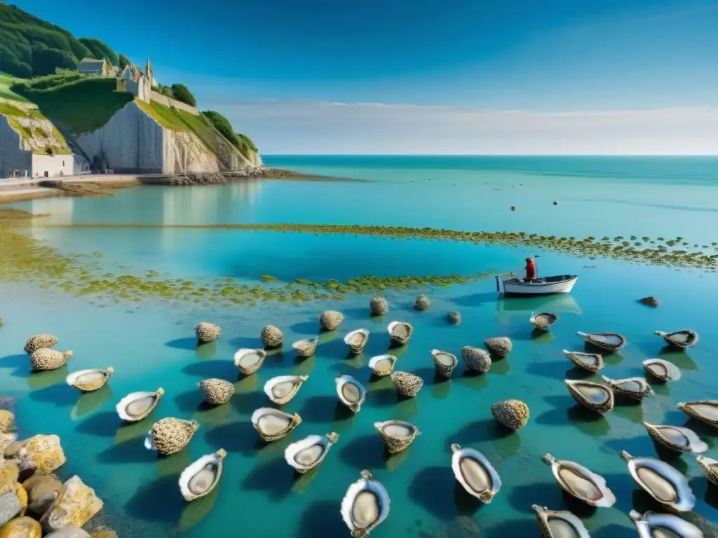 Escena paradisíaca de la costa de Cancale en Bretaña, con un pescador de ostras tradicional cuidando las ostras bajo el sol