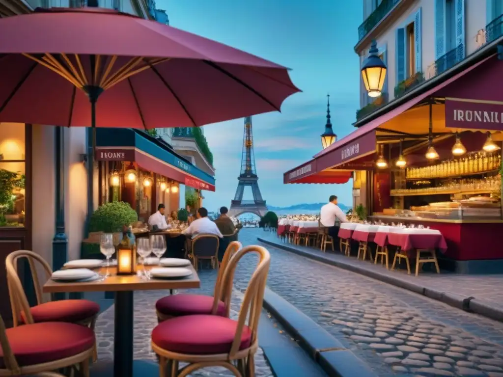 Escena parisina: cafés elegantes, comida exquisita, Torre Eiffel de fondo