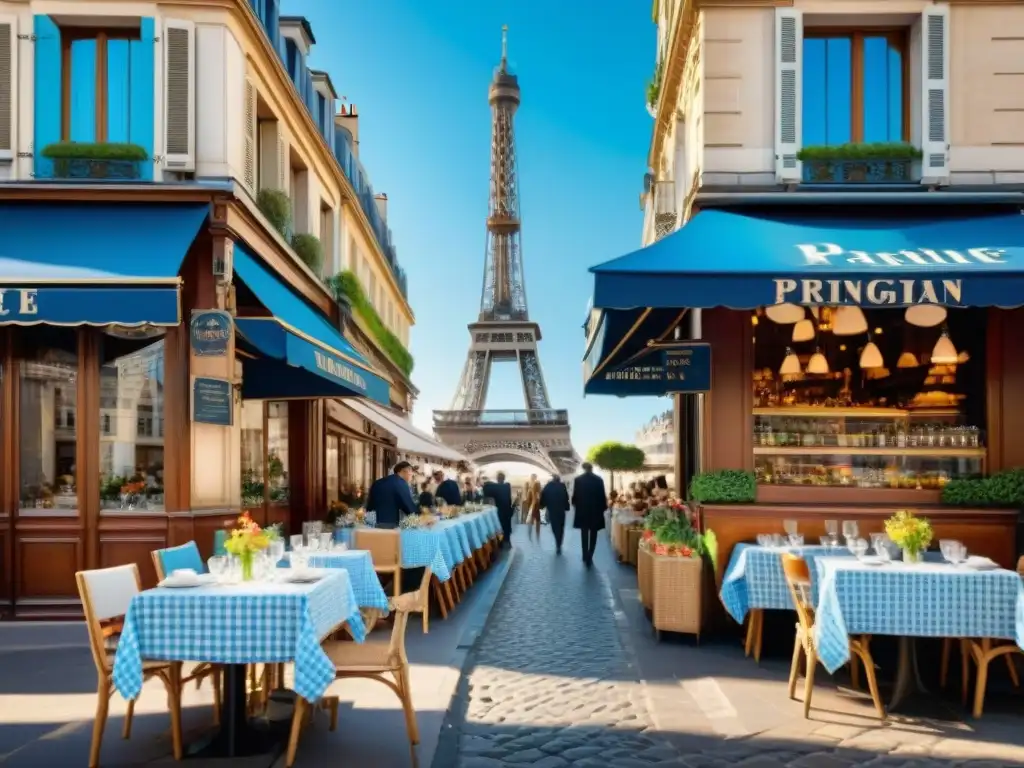 Escena parisina con encanto de cafés y restaurantes, camareros sirviendo mesas al aire libre