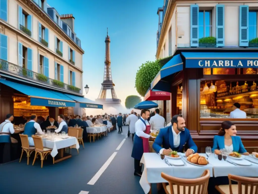 Escena parisina con menús gastronomía francesa innovadores en cafés callejeros