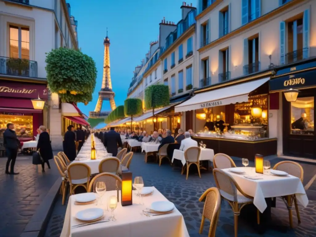 Escena parisina con restaurantes elegantes bajo la Torre Eiffel al anochecer