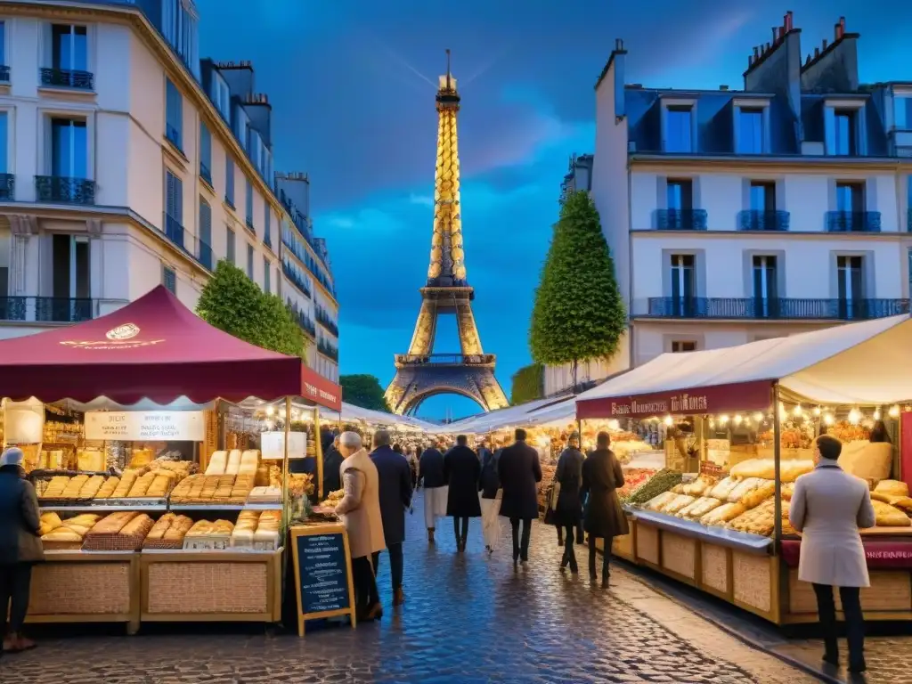 Una escena parisina vibrante con cenas temáticas francesas innovadoras en un mercado nocturno