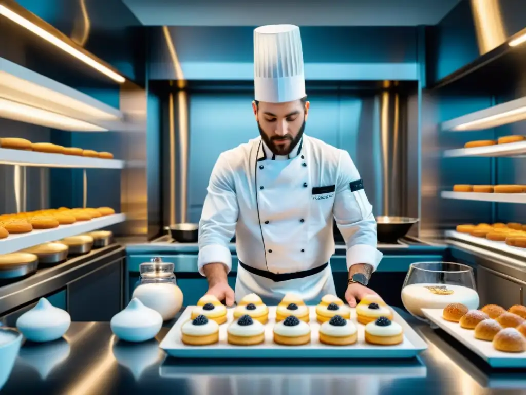 Escena de pastelería francesa con electrodomésticos modernos y expertos chefs creando postres