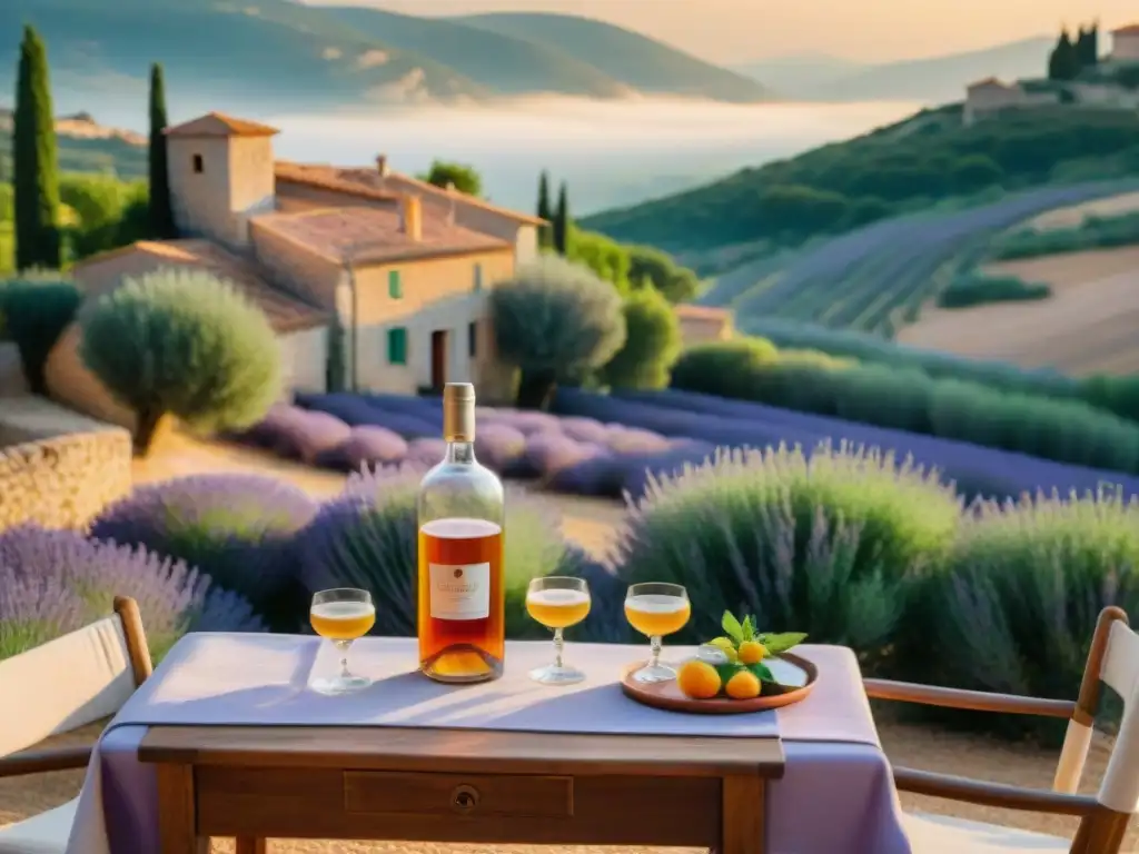 Una escena provenzal pintoresca con campos de lavanda, casas de piedra y mesa con pastis y frutas cítricas al atardecer