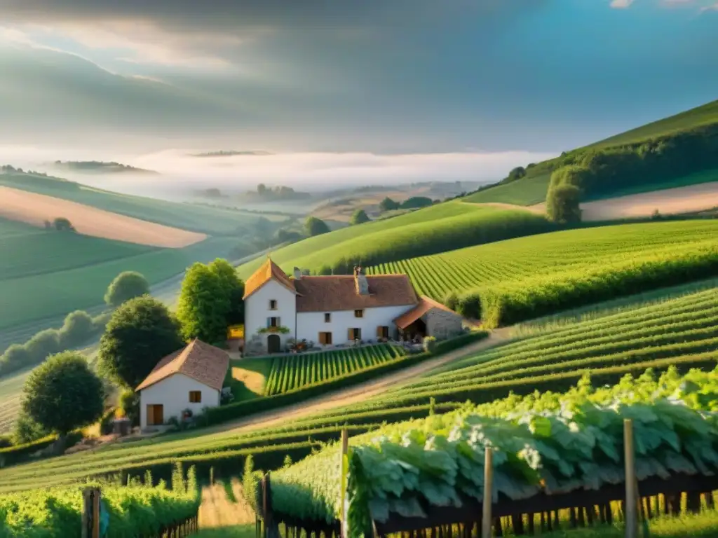 Escena pintoresca de cervecería artesanal francesa sostenible en el campo, resaltando la armonía con la naturaleza