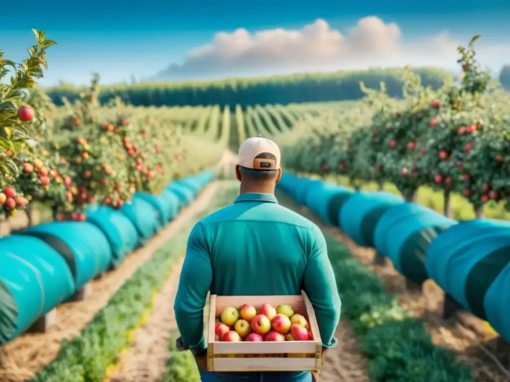 Escena pintoresca de una cidrería francesa durante la cosecha con agricultores recolectando manzanas