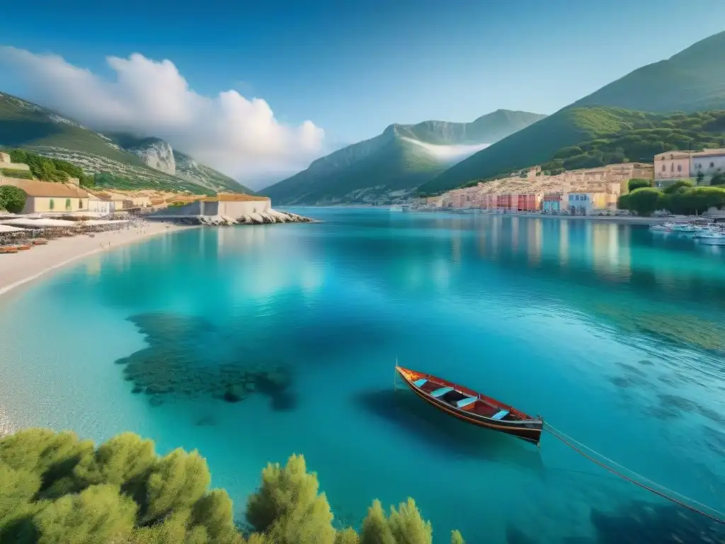 Escena pintoresca en el sur de Francia: mar azul, montañas, barcos pesqueros y coloridos pueblos