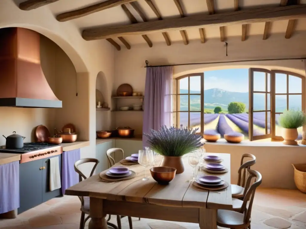 Escena en Provenza con aromas de lavanda: cocina rústica, vigas de madera, chimenea de piedra, mesa de granja y campo de lavanda al atardecer