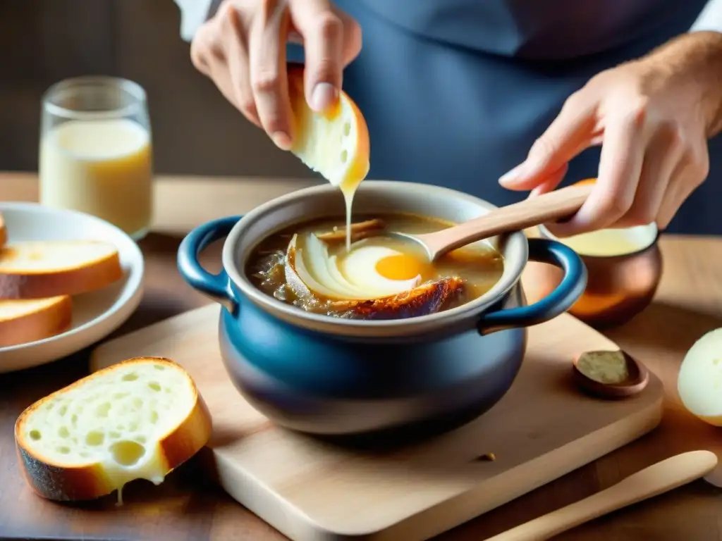 Una escena reconfortante de sopa francesa con cebolla, resaltando la artesanía culinaria