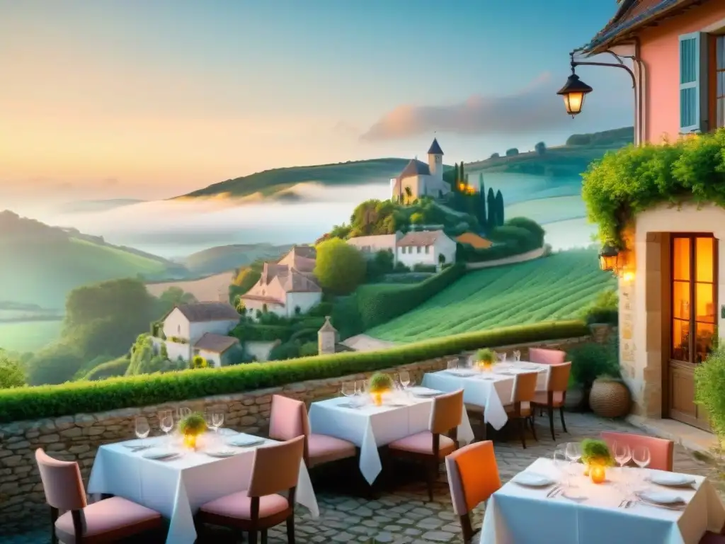 Escena de un restaurante Estrella Michelin en Francia con terraza al aire libre, fina gastronomía y ambiente sofisticado al atardecer