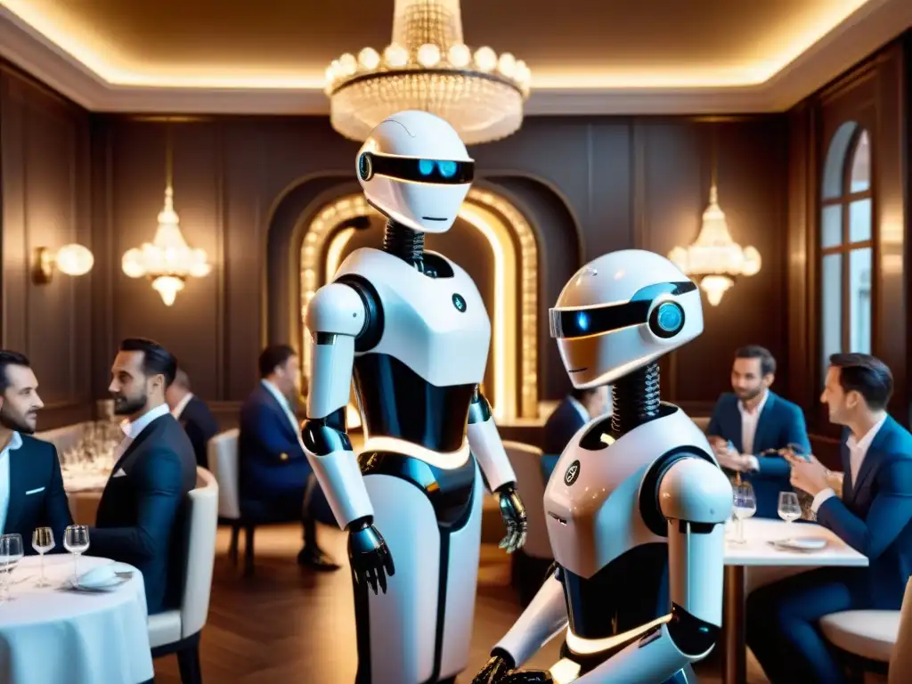 Escena de restaurante francés con tecnología innovadora, meseros robots sirviendo elegantes comensales