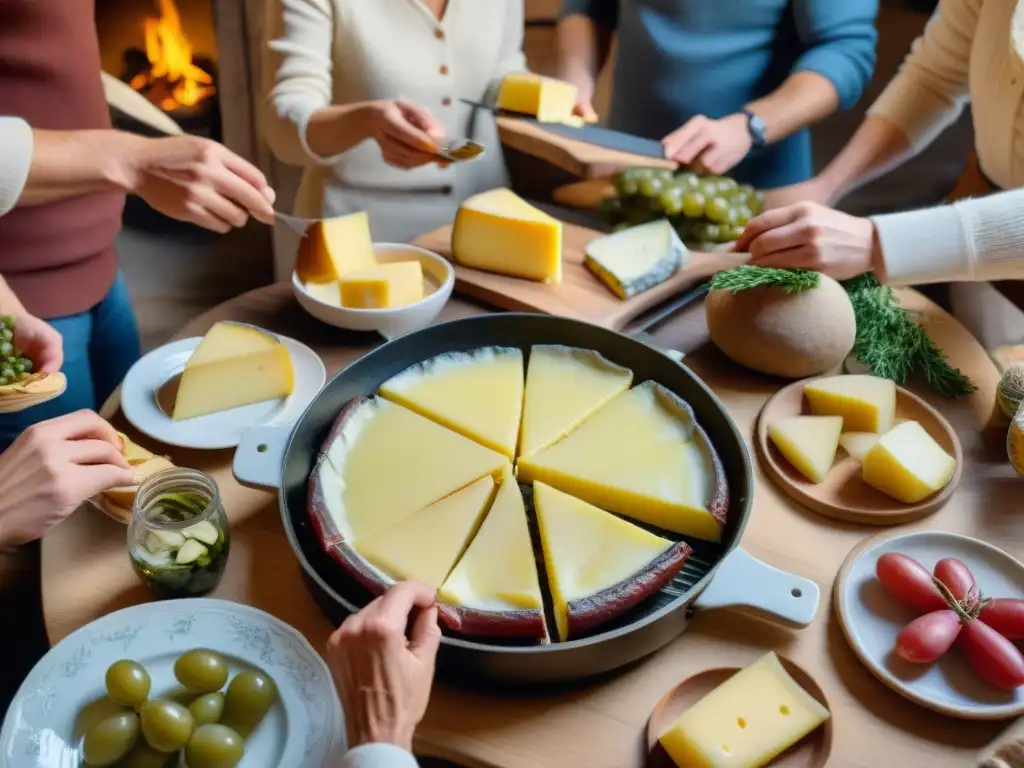 Escena de preparación de Raclette en RódanoAlpes: amigos y familia disfrutan del queso fundido y la calidez de la comida