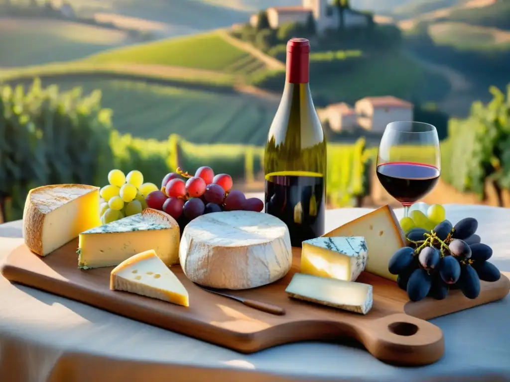 Una escena rústica al atardecer en el campo francés con una mesa provenzal de quesos y vinos, en armonía con la Dieta Mediterránea