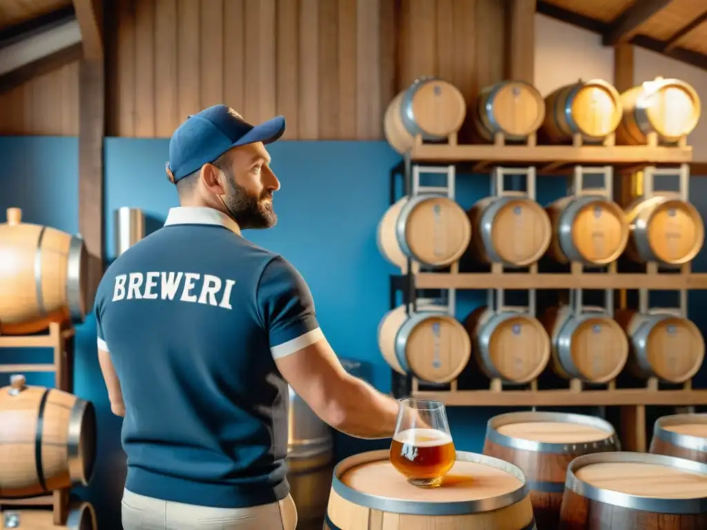 Escena rústica de una cervecería francesa con maestro cervecero inspeccionando barriles de cerveza artesanal