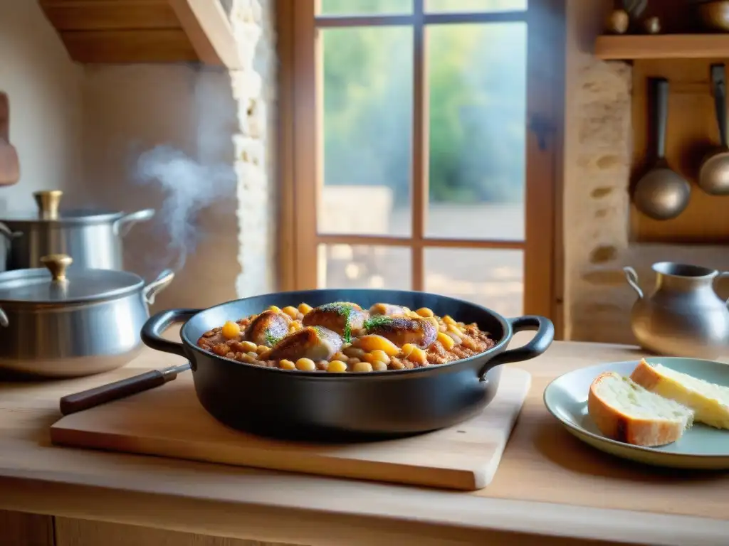 Una escena rústica en una cocina francesa con un guiso tradicional en una olla de hierro, bañada en cálida luz dorada