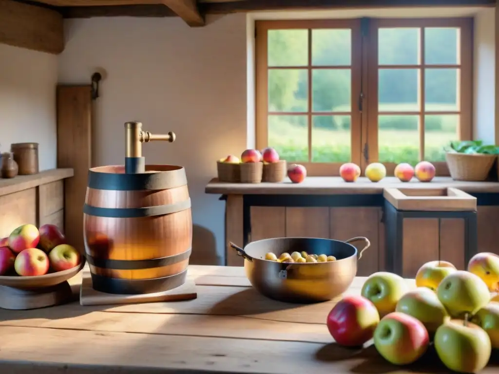 Una escena rústica en una cocina francesa con una prensa de sidra y manzanas frescas