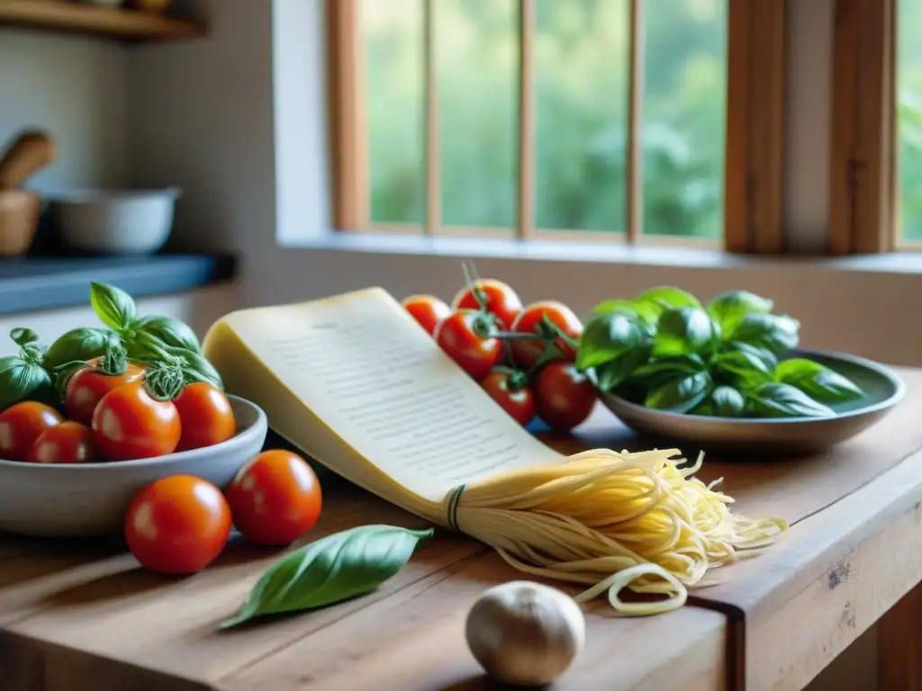 Una escena rústica de cocina con mesa de madera y ingredientes frescos