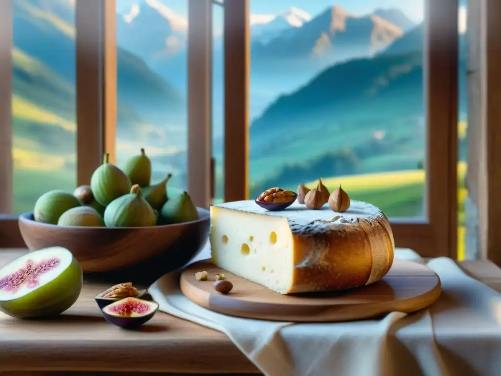 Escena rústica de sabor Tomme de Savoie con higos frescos, nueces y pan francés artesanal