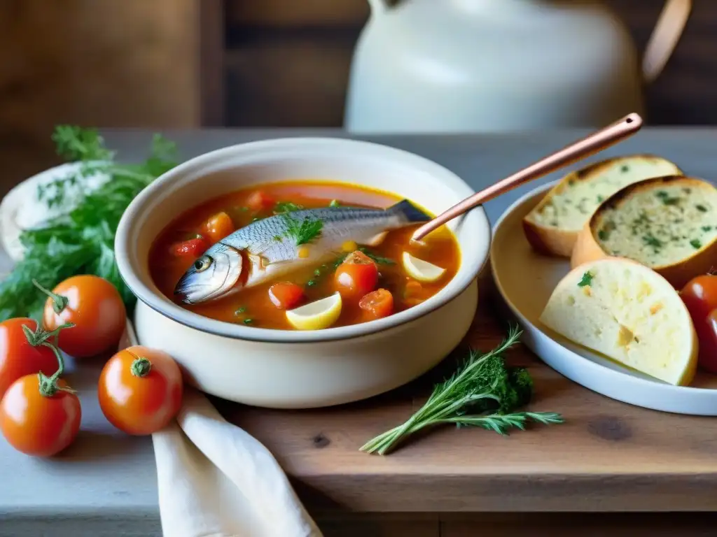 Una escena rústica y soleada de una cocina, lista para preparar la Sopa de Pescado Provenzal con ingredientes frescos y vibrantes