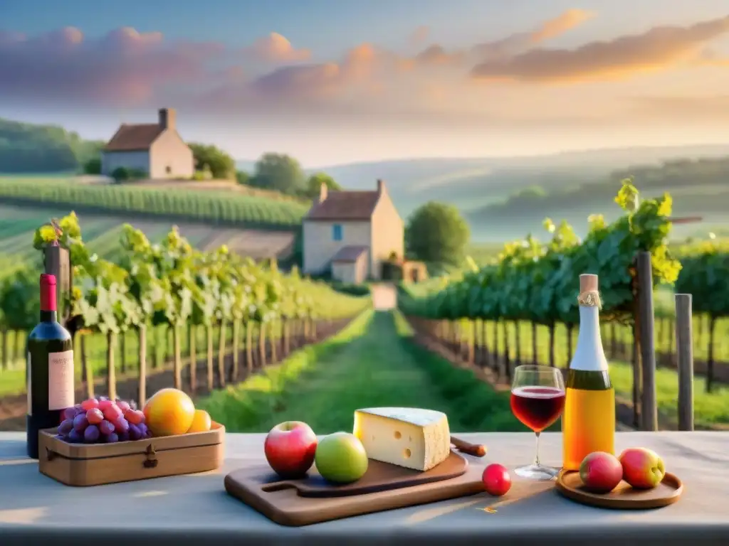 Atardecer en el campo francés: sidra, pan y queso Una escena serena al atardecer en el campo francés con sidras francesas sin alcohol en una mesa de madera rústica