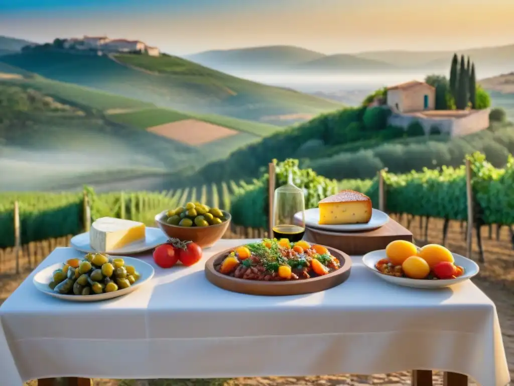 Una escena serena de la campiña francesa al atardecer con una mesa de platos típicos de la Dieta Mediterránea Francesa para salud