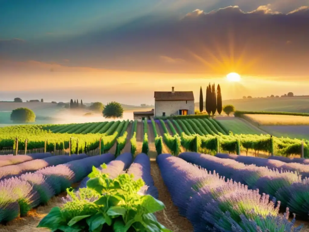 Escena serena de campo francés con viñedos verdes y campos de lavanda, mercado tradicional y opciones saludables alta cocina francesa