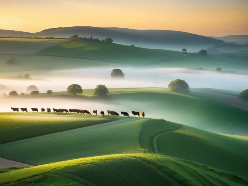 Escena serena de campo francés al amanecer con vacas pastando, resaltando los beneficios lácteos de la dieta francesa