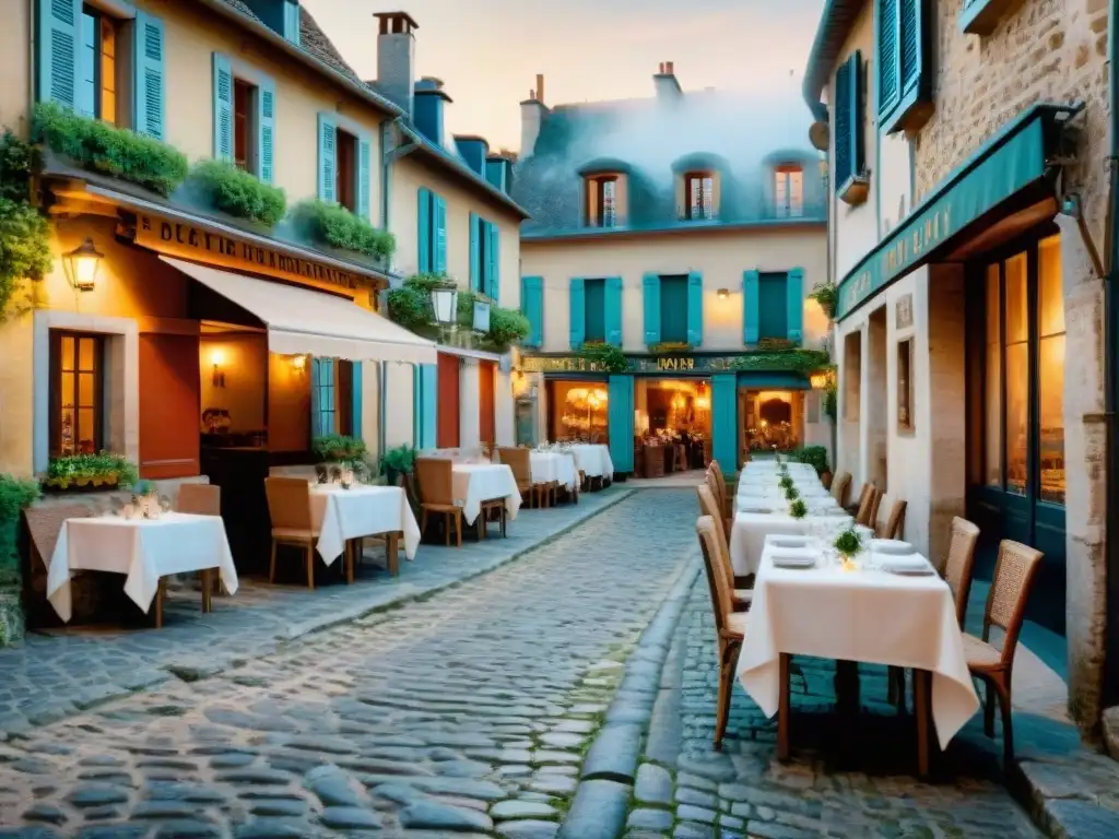 Escena serena en un pueblo francés: slow dining en encantadores cafés Escena serena en un pueblo francés: Calles empedradas, cafés encantadores y lugareños disfrutando de comidas al aire libre