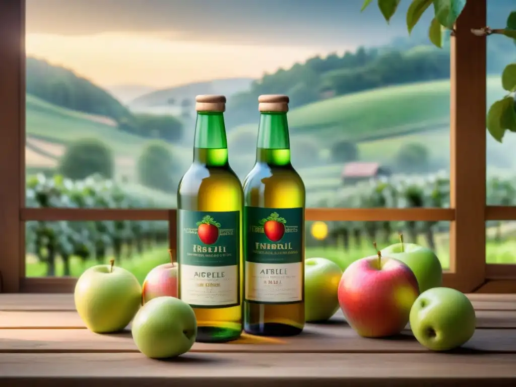 Escena de sidras francesas: mesa rústica con botellas de diseño detallado de manzana, rodeadas de manzanas verdes