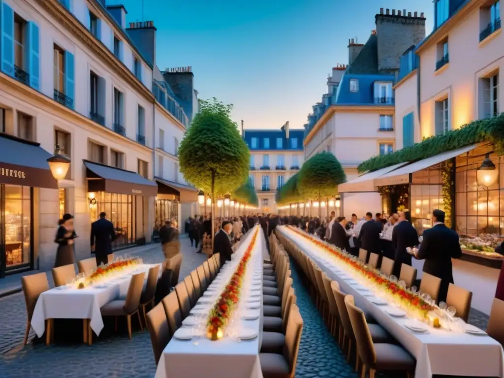 Una escena sofisticada de Cenas PopUp gastronomía francesa en una animada calle de París al anochecer