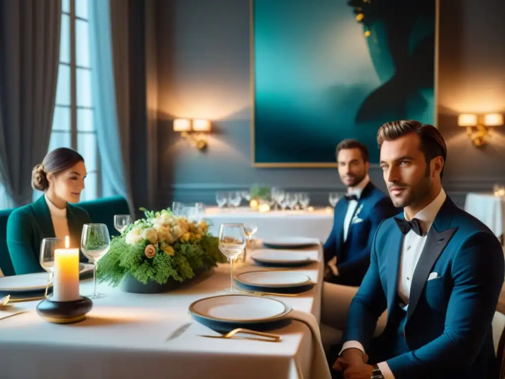 Una escena sofisticada de un elegante comedor con mesas de fina gastronomía francesa