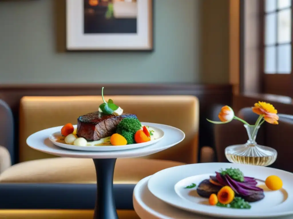 Escena sofisticada de restaurante francés con adaptación vegana de platos clásicos y cocina activa