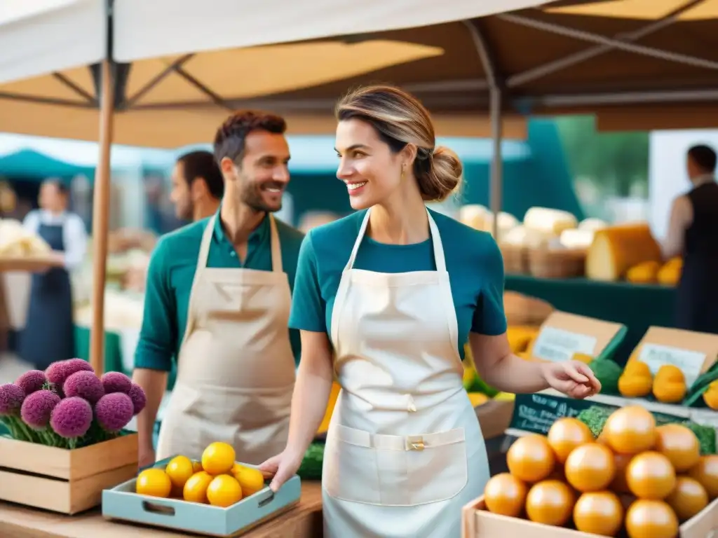 Escena de sostenibilidad en la cocina francesa: Mercado campesino lleno de productos locales, quesos artesanales y flores coloridas