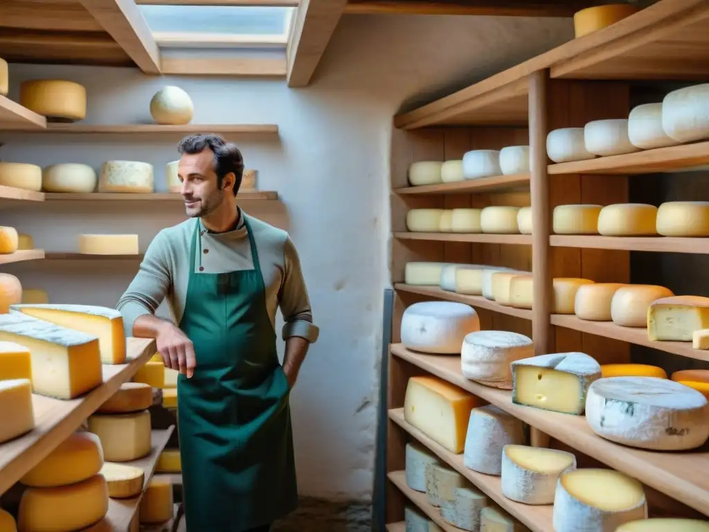 Escena de una tienda de quesos francesa con quesos Picodon artesanales en estantes de madera, y un experto seleccionando uno para un cliente