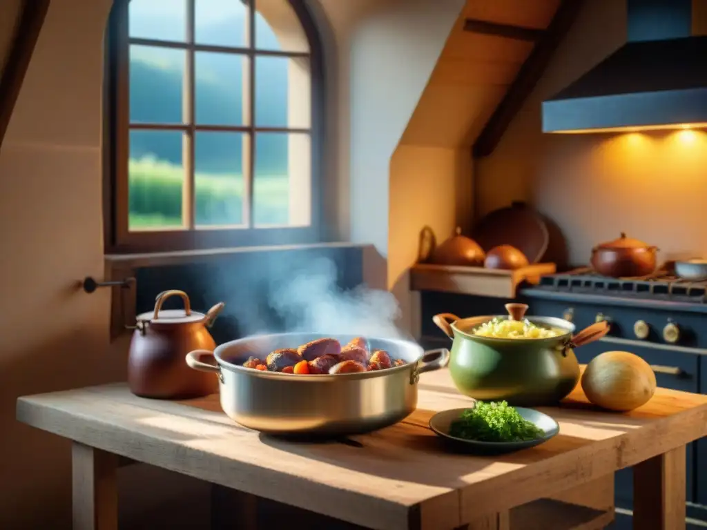 Una escena tradicional de una cocina francesa en Lorraine con una olla de Potée Lorraine y ingredientes frescos