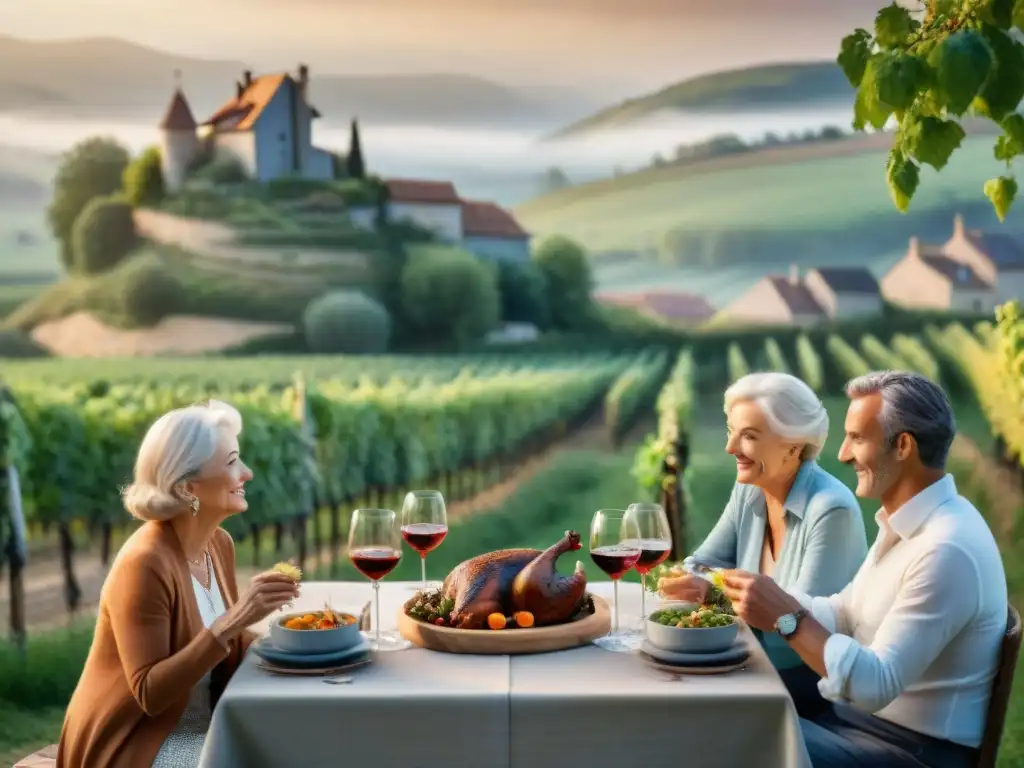 Escena campestre francesa: Cena tradicional con sabores y charlas eternas Una escena tranquila en el campo francés al atardecer, con una mesa rústica y platos tradicionales