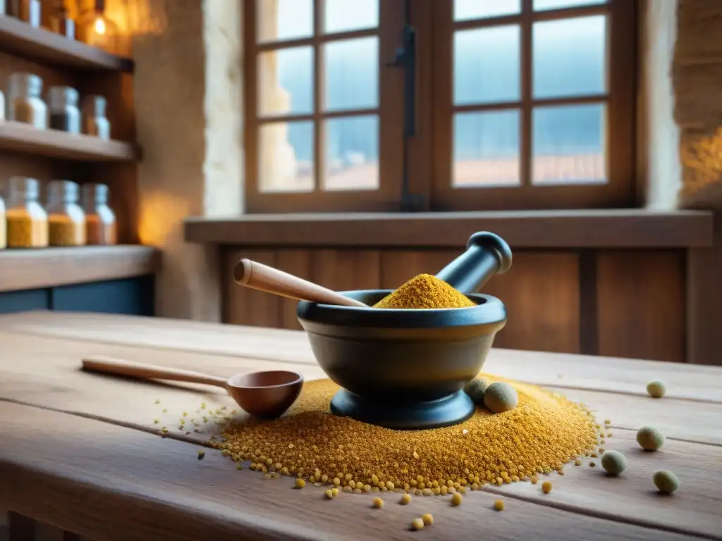 Una escena única en Dijon: un mortero de piedra antiguo aplastando semillas de mostaza, resaltando la historia y gastronomía francesa