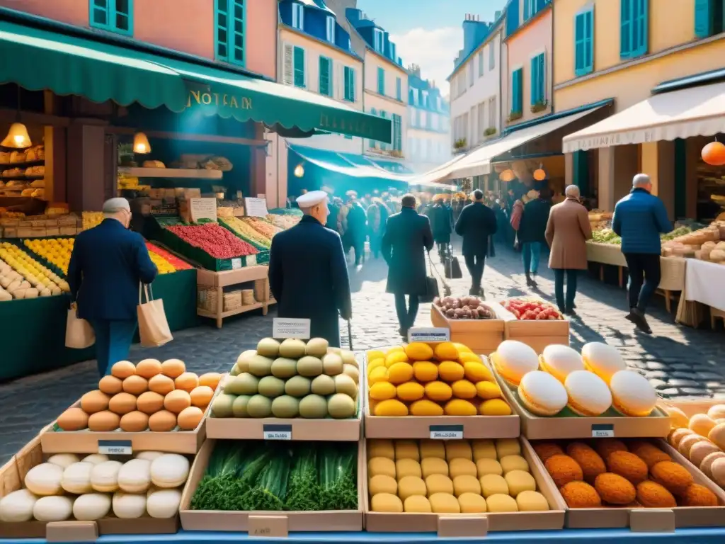 Escena vibrante de un animado mercado al aire libre en Francia con delicias gastronómicas, locales y turistas, Apps gastronomía francesa innovadora