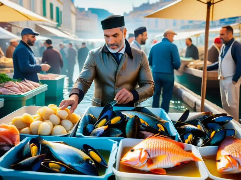 Escena vibrante en el antiguo puerto de Marsella con pescado fresco exhibido en hielo y pescadores locales negociando