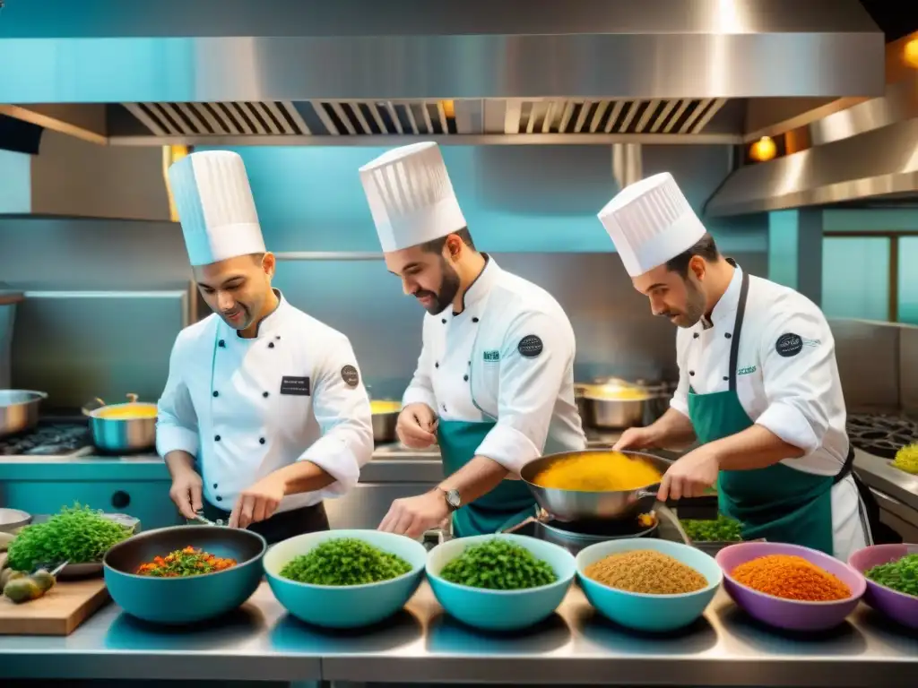 Una escena vibrante y bulliciosa en una cocina francesa con chefs latinos unidos en armonía