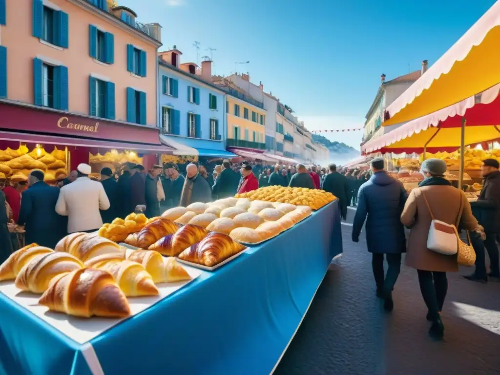 Una escena vibrante y bulliciosa en Niza durante el Carnaval, con puestos de comida ofreciendo delicias francesas tradicionales